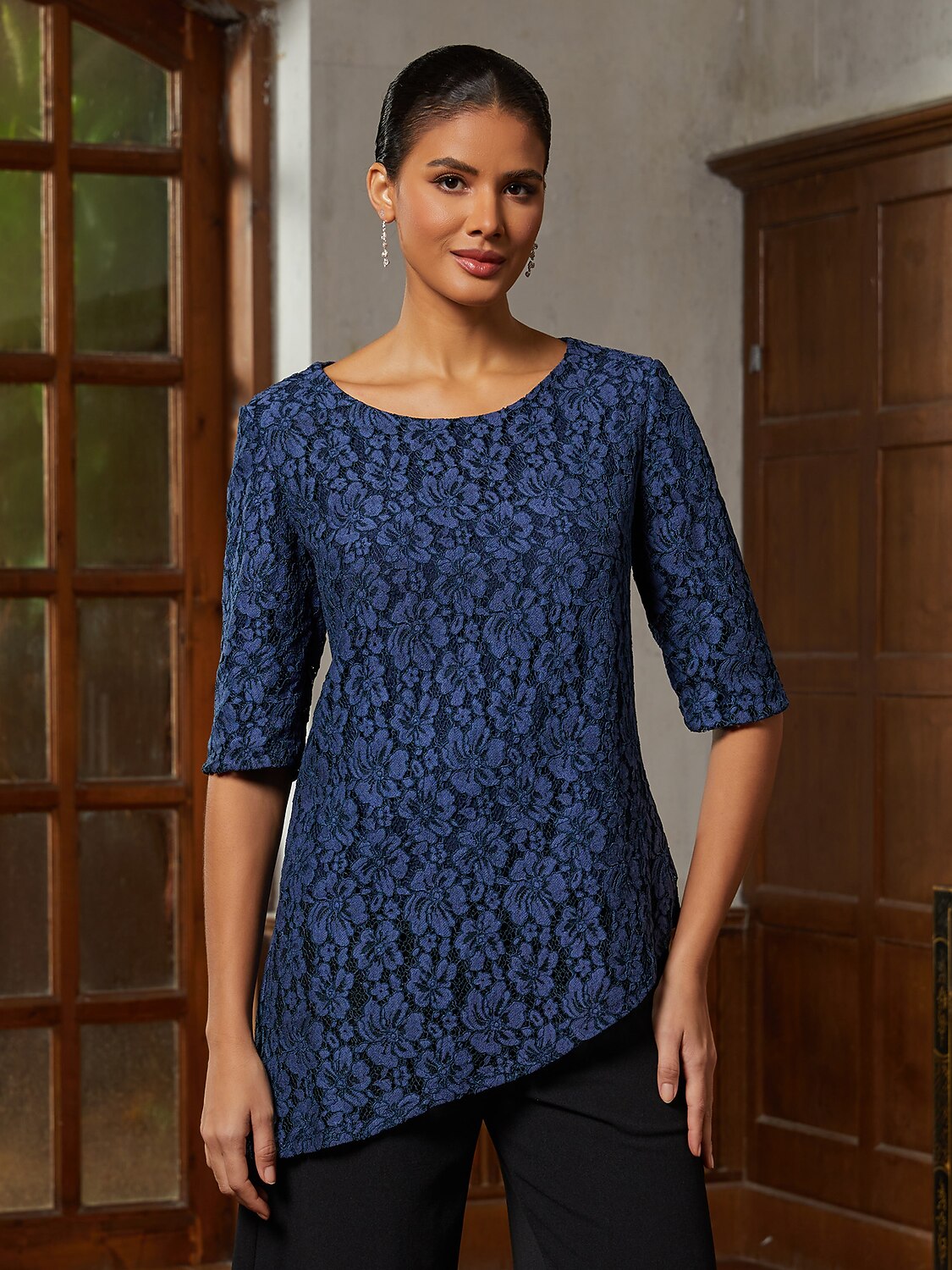 Dark Navy Lace Asymmetrical Blouse