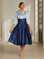 Sea Blue Satin Collared Midi Dress