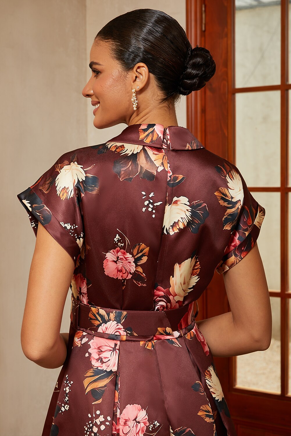 Floral Satin Collared Midi Dress