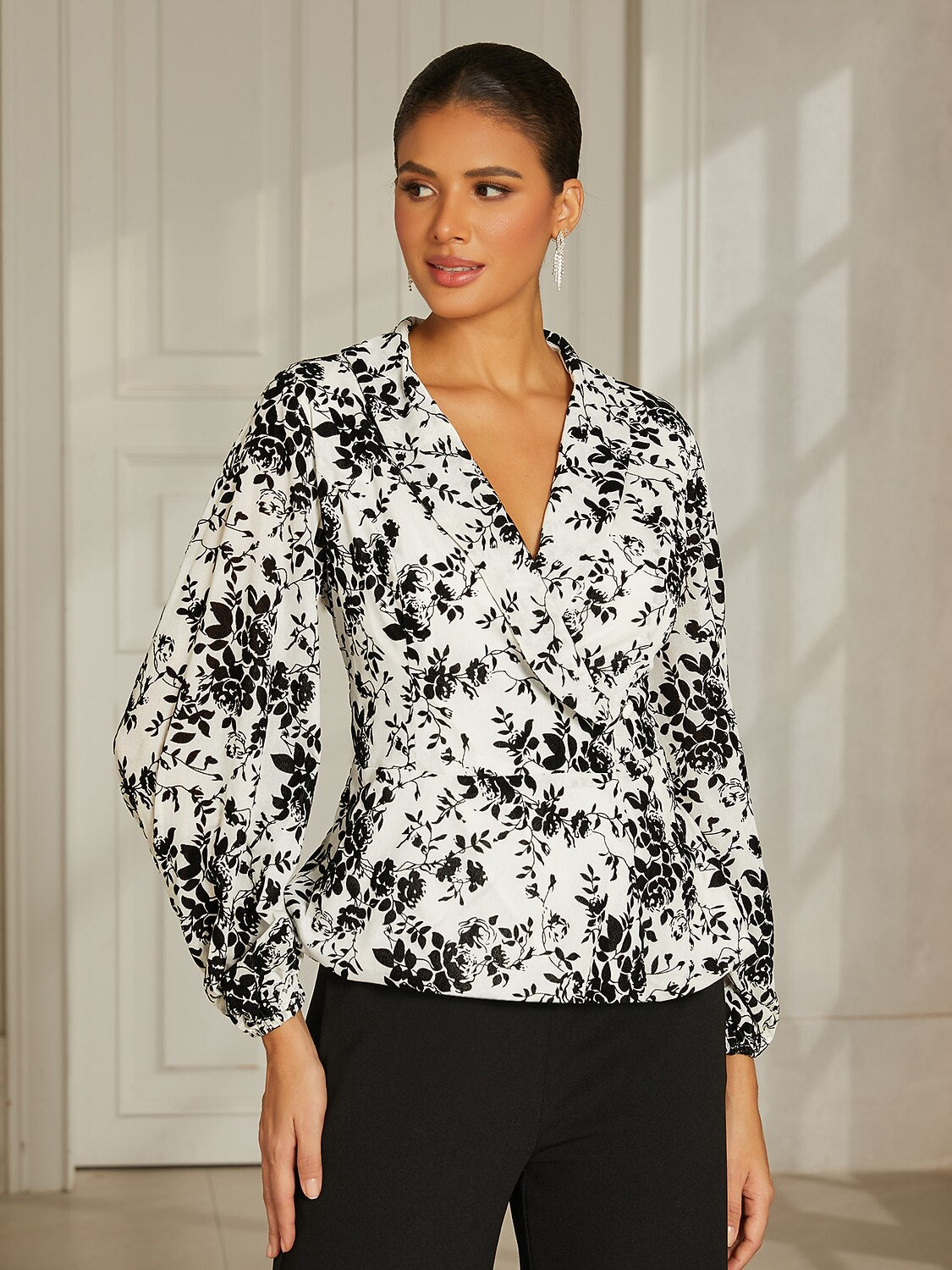 White Chiffon Lantern-Sleeve Blouse
