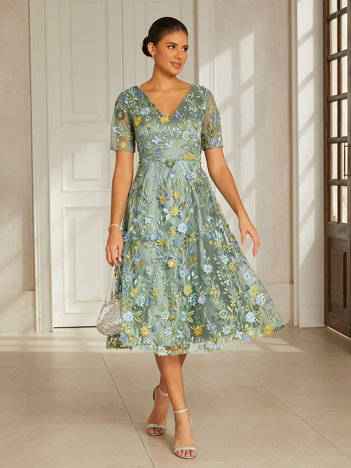Dusty Sage Lace Applique Tea-Length Dress