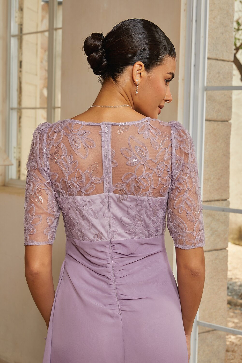 Floral Appliqué Chiffon Column Gown