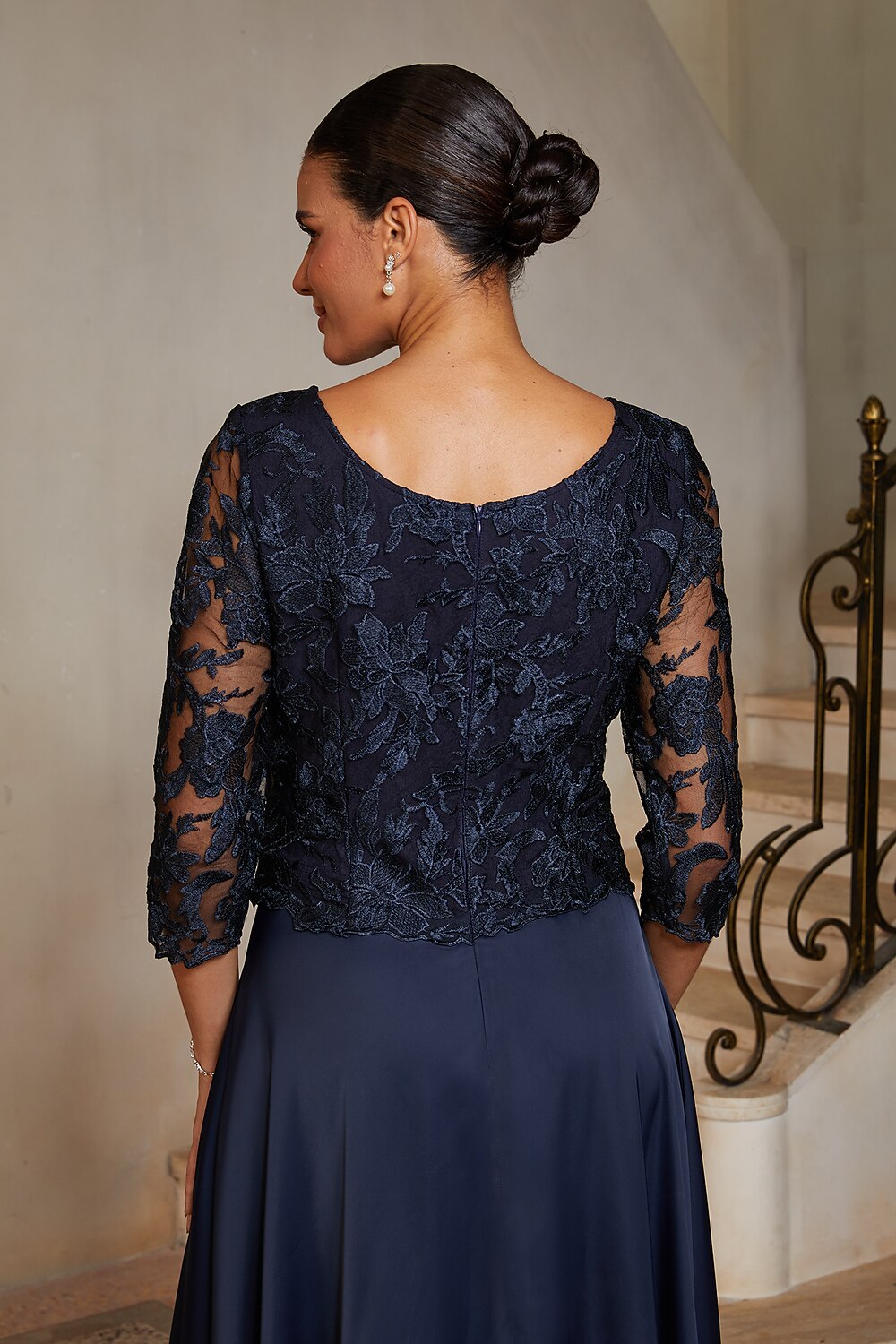 Navy Lace-Inset Satin Midi Dress
