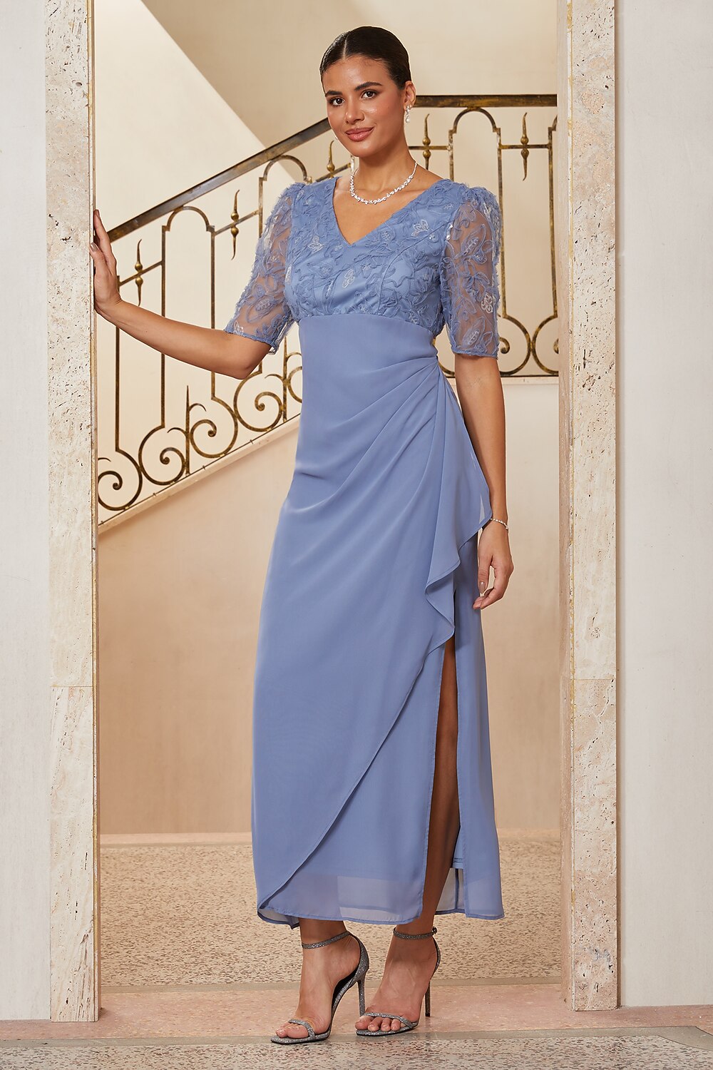 Floral Appliqué Chiffon Slit Gown
