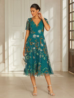 Green Black Floral Embroidered Tea-Length Dress