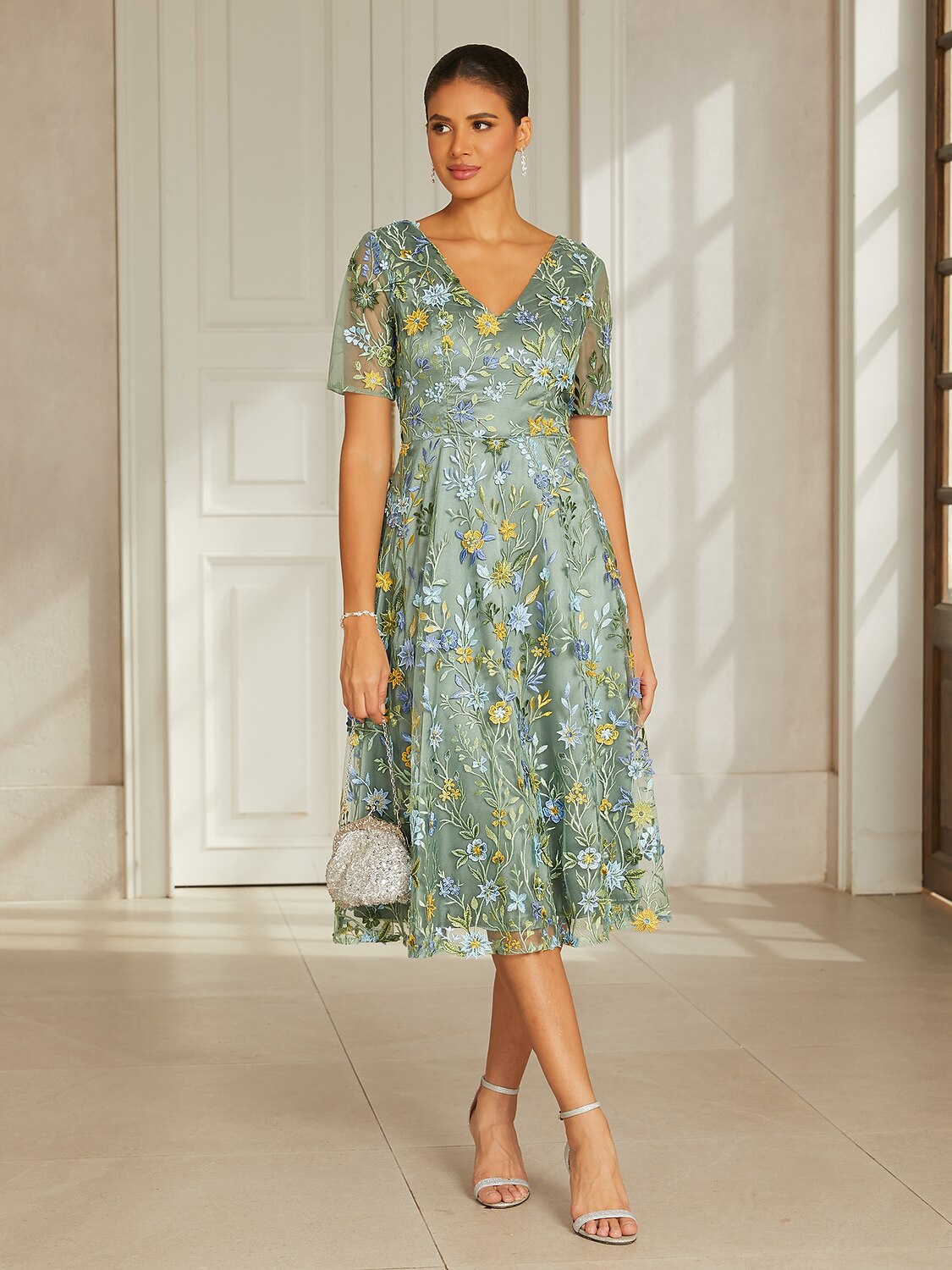 Dusty Sage Lace Applique Tea-Length Dress