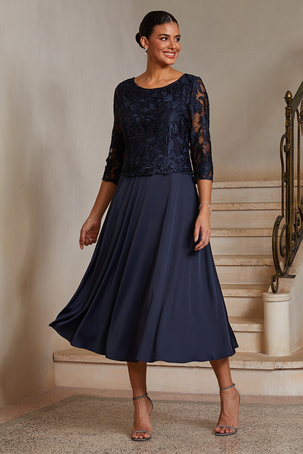 Navy Lace-Inset Satin Midi Dress