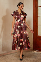 Floral Satin Collared Midi Dress