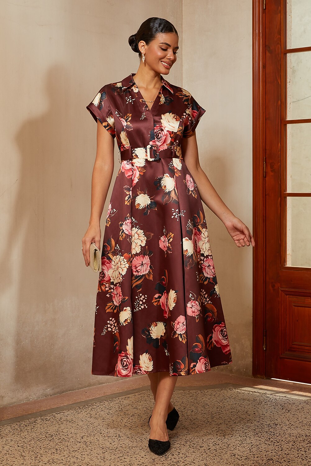 Floral Satin Collared Midi Dress