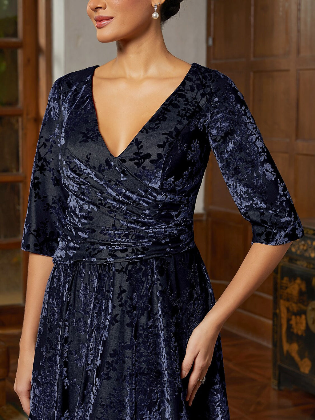 Navy Velvet A-Line Midi Dress