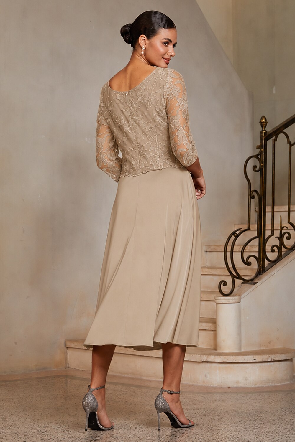 Champagne Lace Embroidered Midi Dress