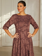 Brown Floral Jacquard Pleated Midi Dress