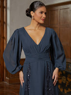 Navy Chiffon Illusion-Sleeve Midi Dress