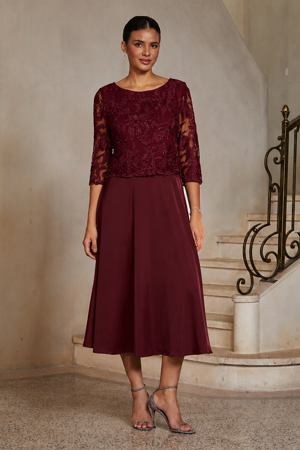 Burgundy Lace-Inset Satin Midi Dress