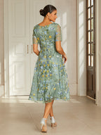 Dusty Sage Lace Applique Tea-Length Dress