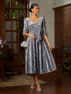 Grey Velvet V-Neck Midi Dress