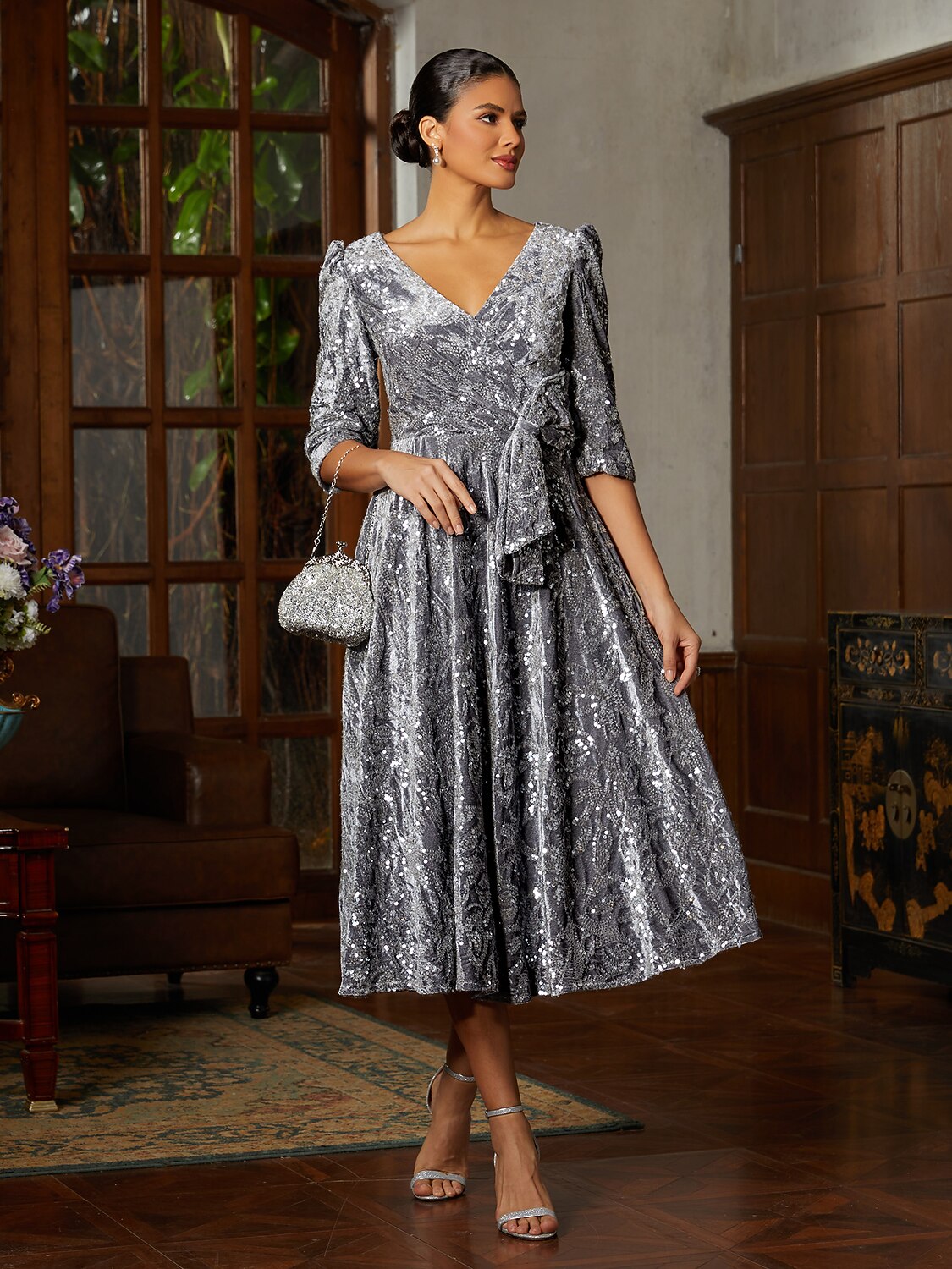Grey Velvet V-Neck Midi Dress