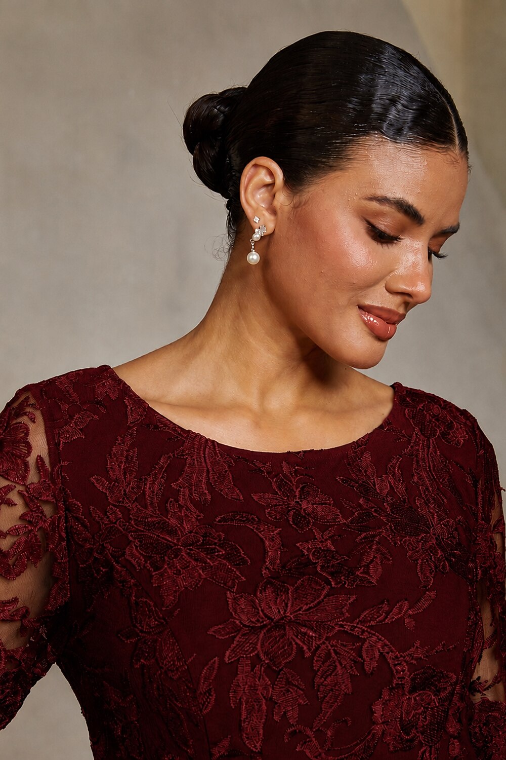 Burgundy Lace-Inset Satin Midi Dress
