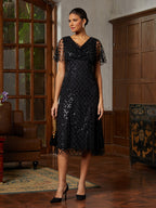 Black Glitter Charmeuse Midi Dress