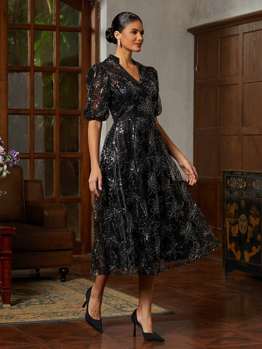 Black Tulle Illusion-Sleeve Midi Dress