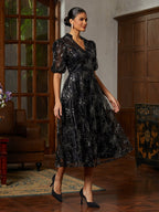 Black Tulle Illusion-Sleeve Midi Dress