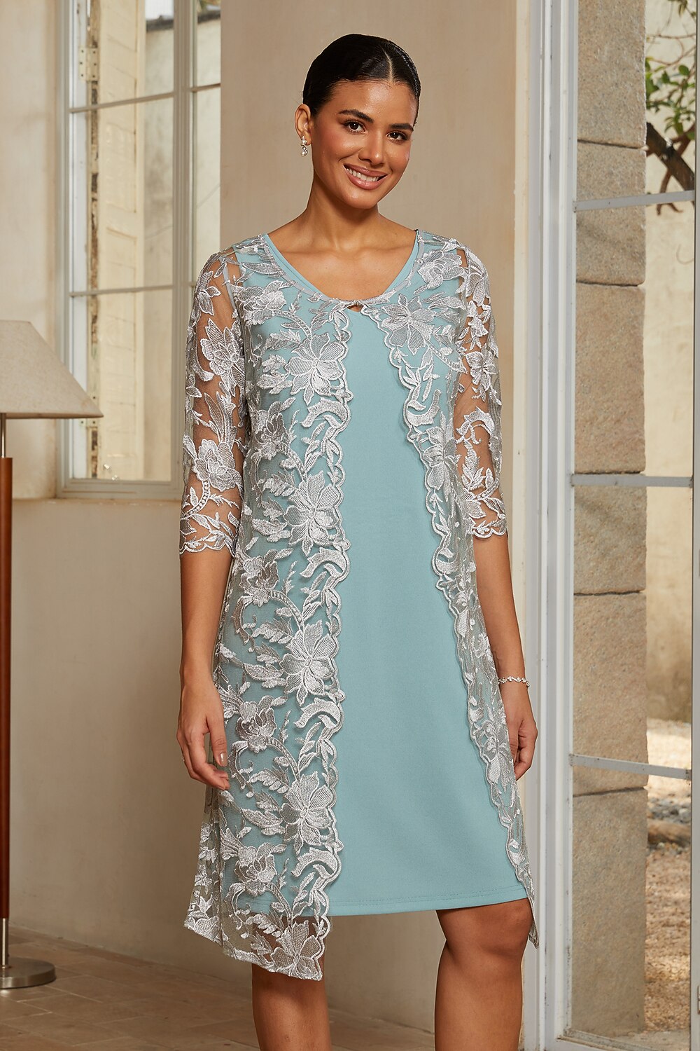 Sky Blue Lace Column Dress Set