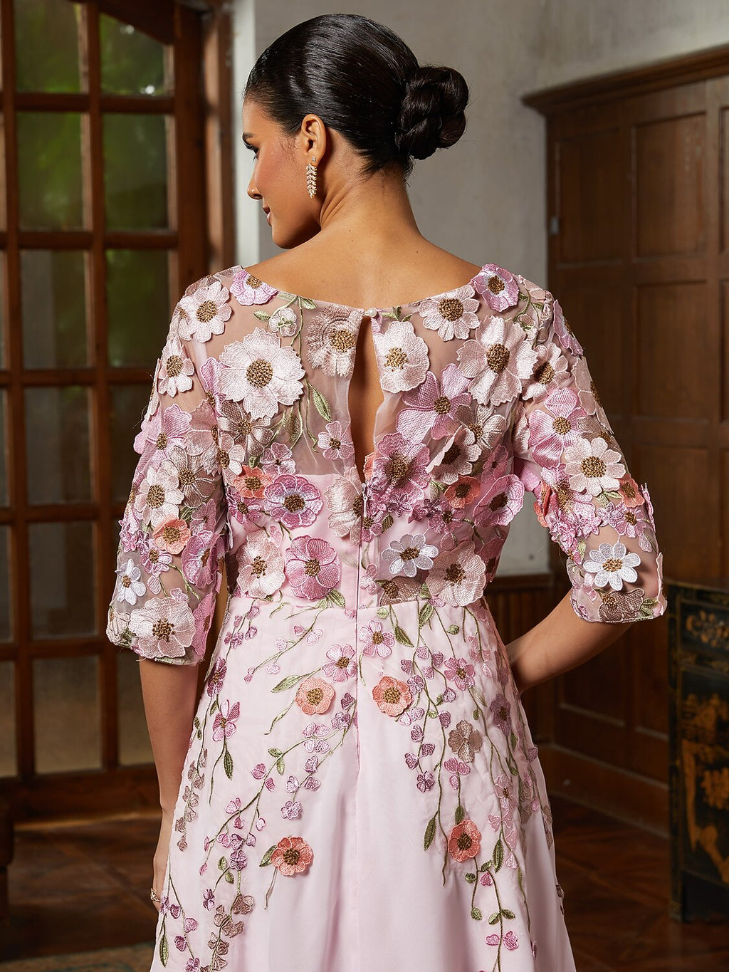 Pink Floral Appliqué Tulle Dress