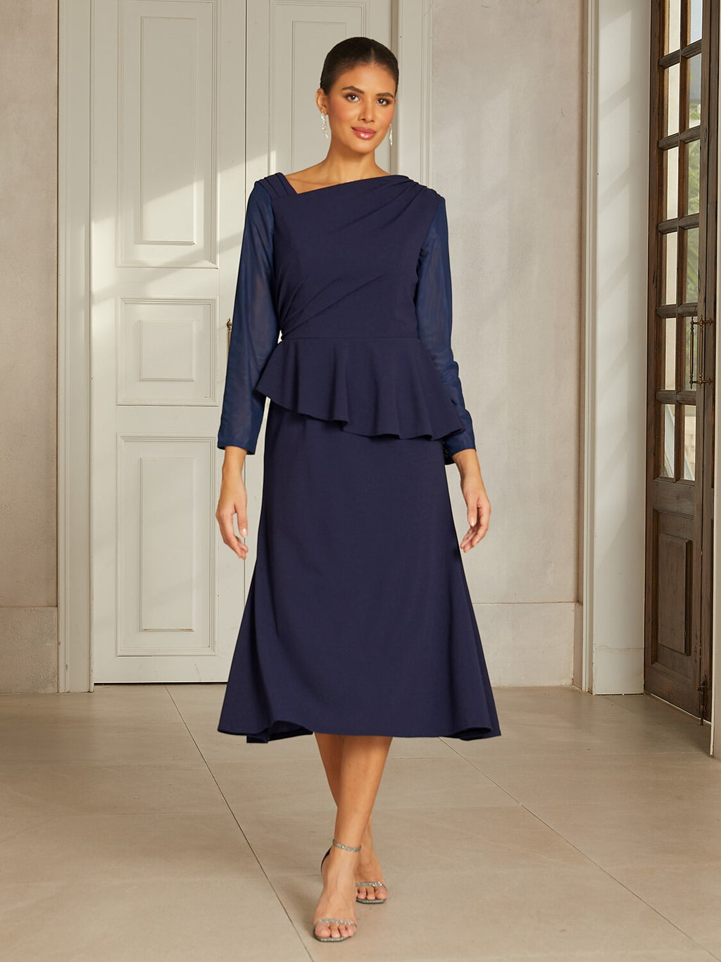Navy Ruffle Mesh Midi Dress
