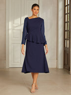 Navy Ruffle Mesh Midi Dress
