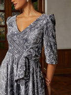 Grey Velvet V-Neck Midi Dress