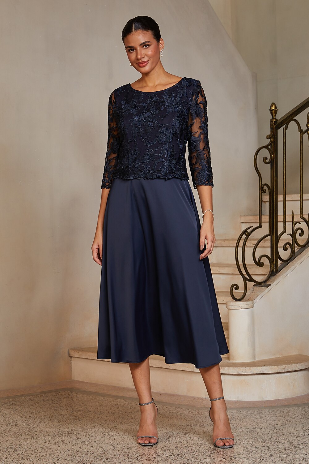 Navy Lace-Inset Satin Midi Dress