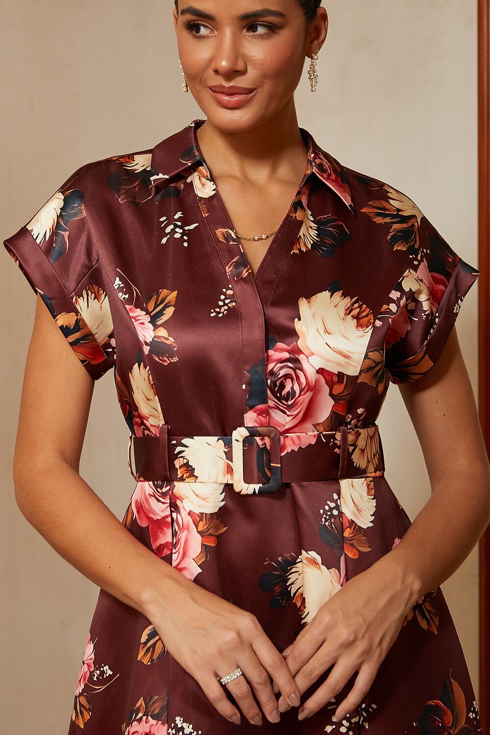 Floral Satin Collared Midi Dress