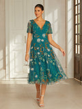 Green Black Floral Embroidered Tea-Length Dress