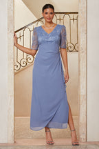 Floral Appliqué Chiffon Slit Gown