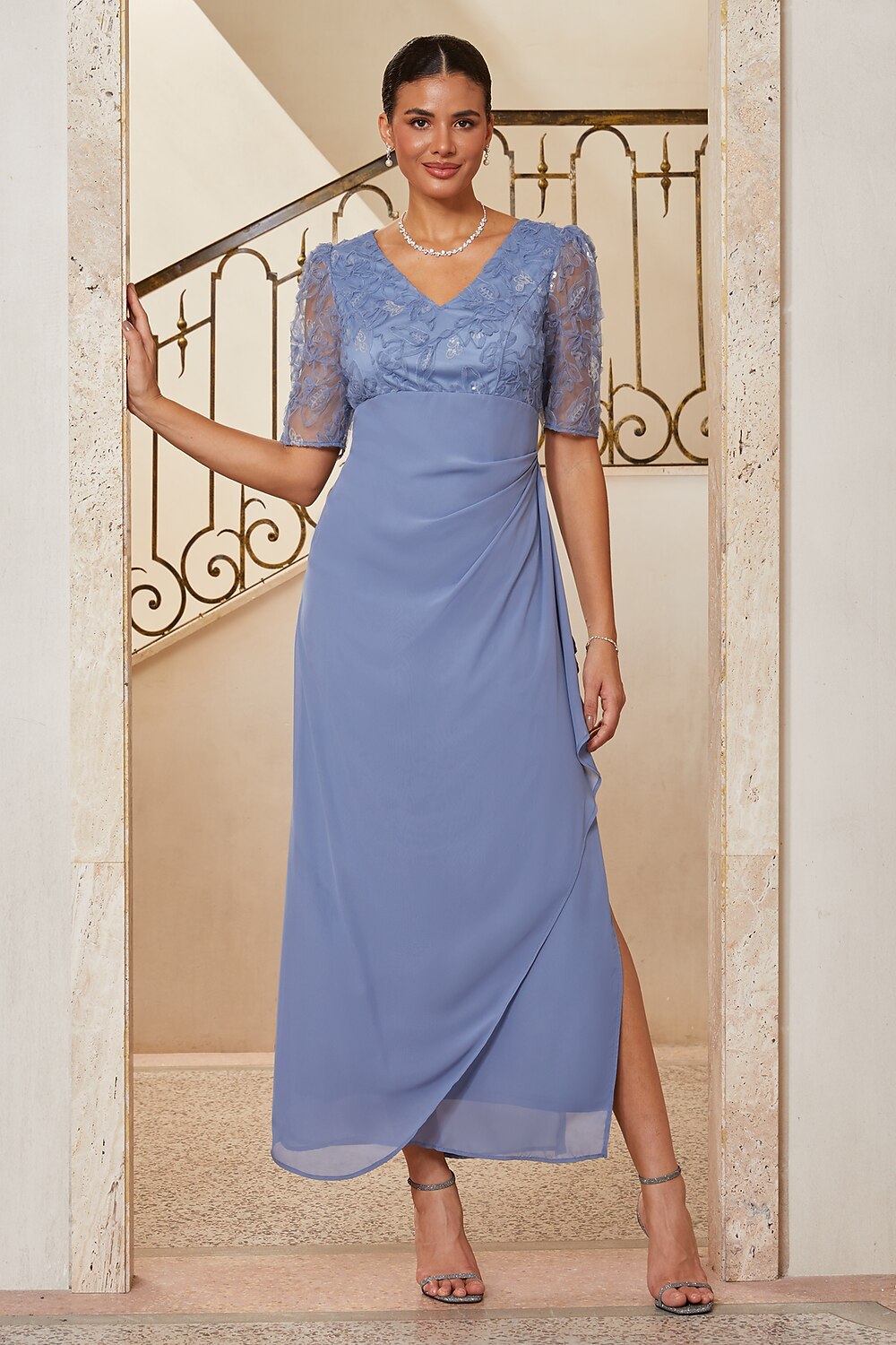 Floral Appliqué Chiffon Slit Gown
