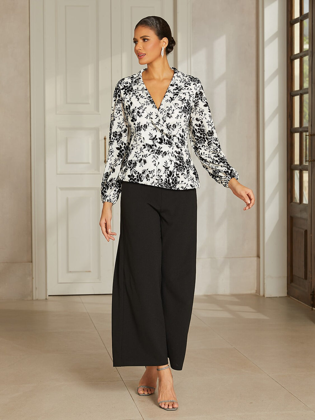 White Chiffon Lantern-Sleeve Blouse