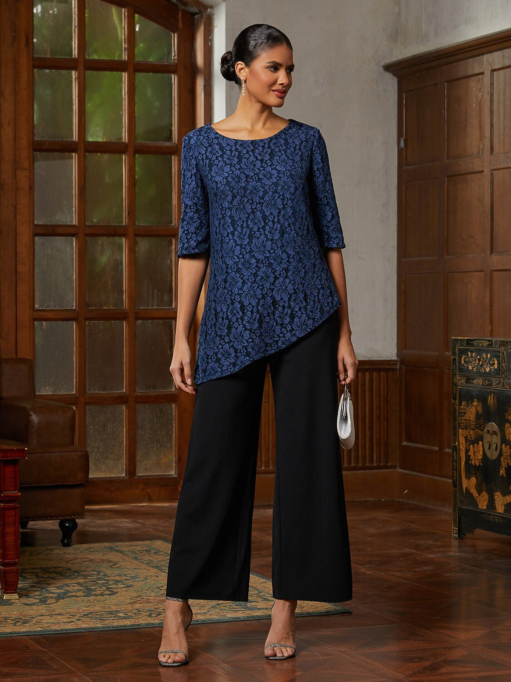 Dark Navy Lace Asymmetrical Blouse