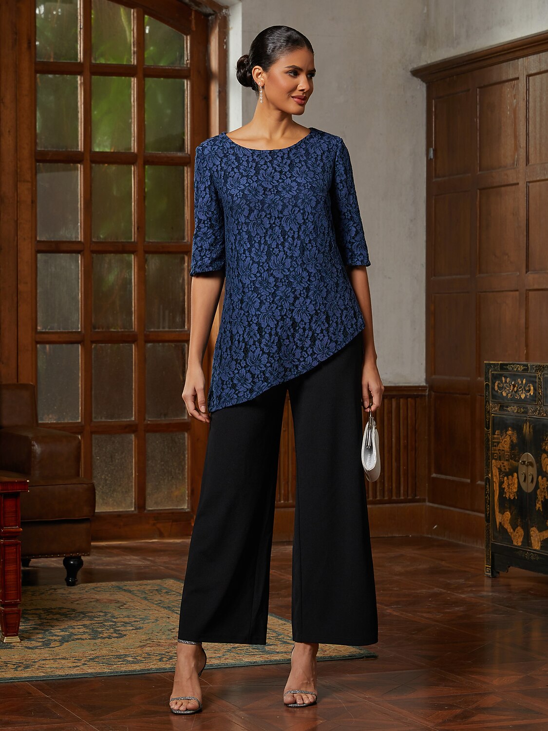 Dark Navy Lace Asymmetrical Blouse