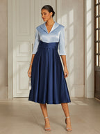 Sea Blue Satin Collared Midi Dress