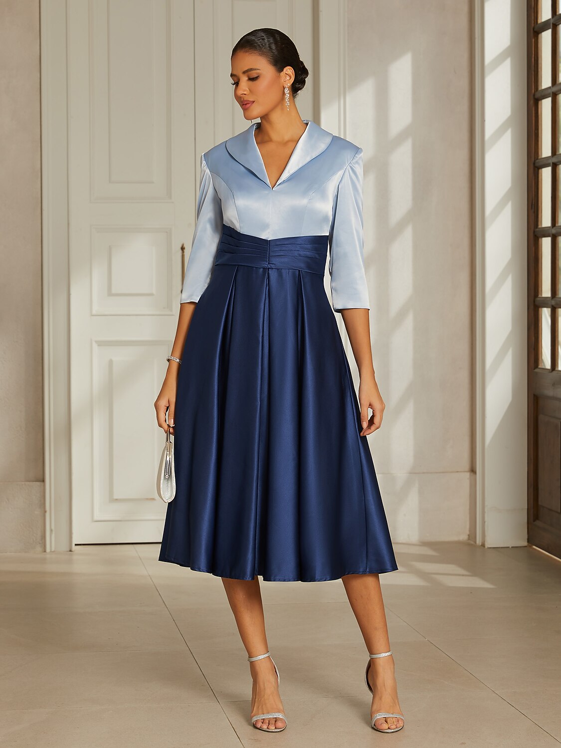 Sea Blue Satin Collared Midi Dress