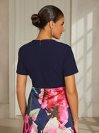 Navy Satin Column Midi Dress