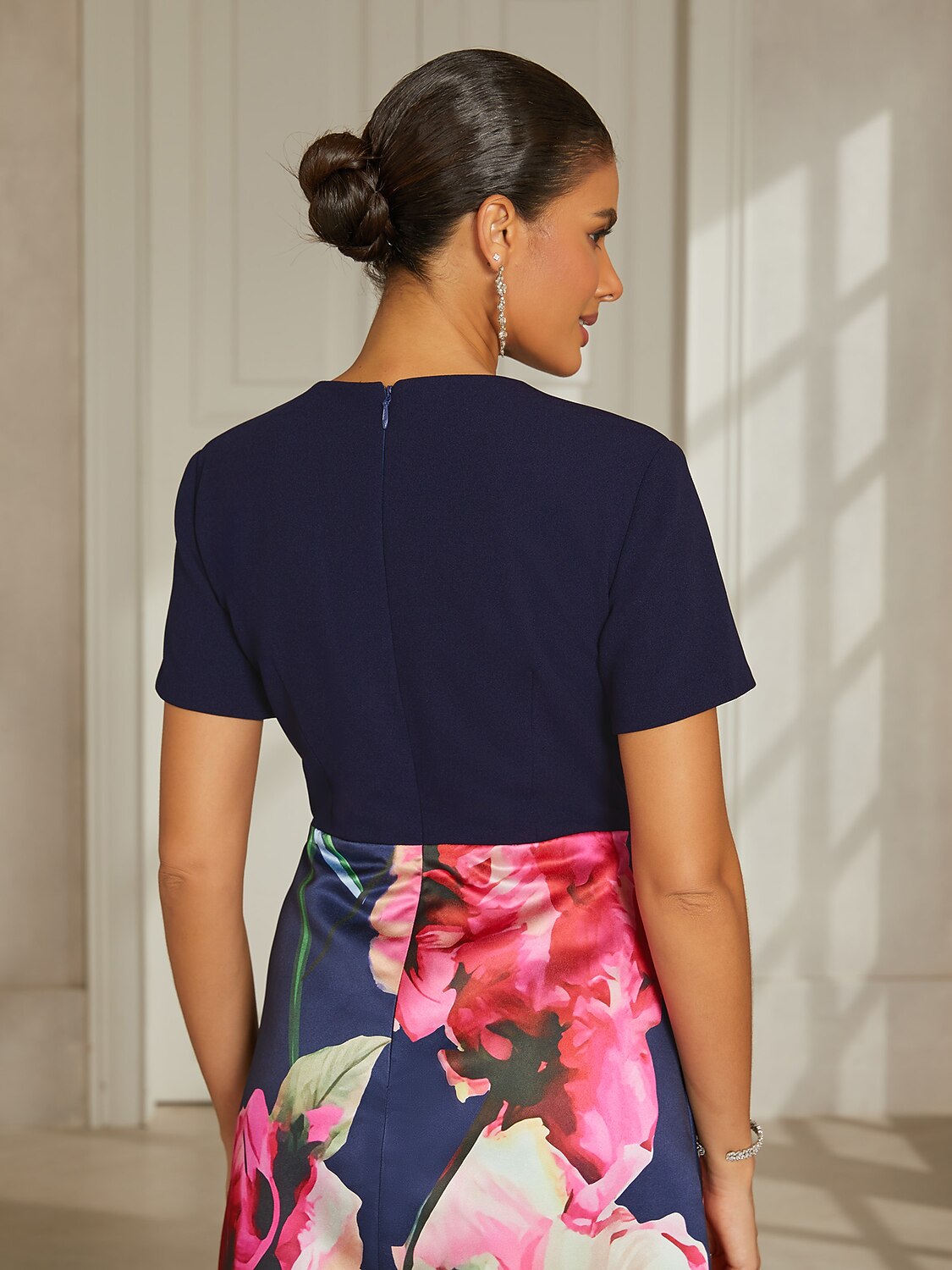 Navy Satin Column Midi Dress