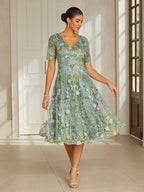 Dusty Sage Lace Applique Tea-Length Dress