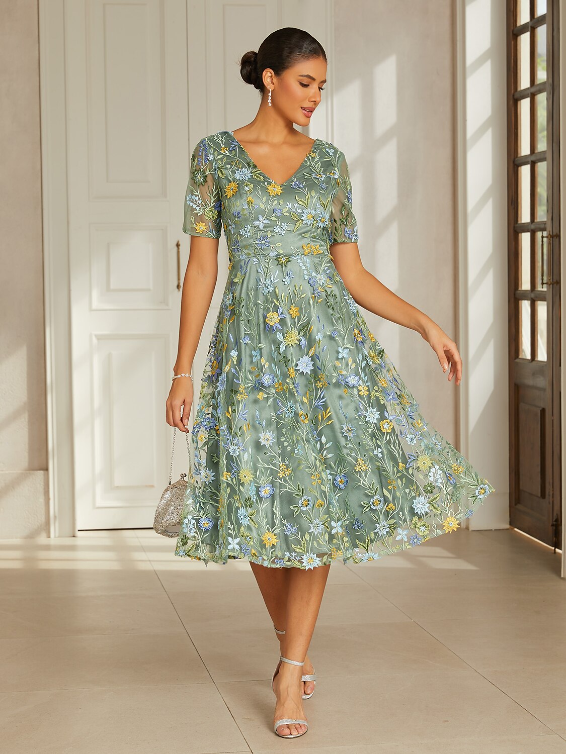 Dusty Sage Lace Applique Tea-Length Dress