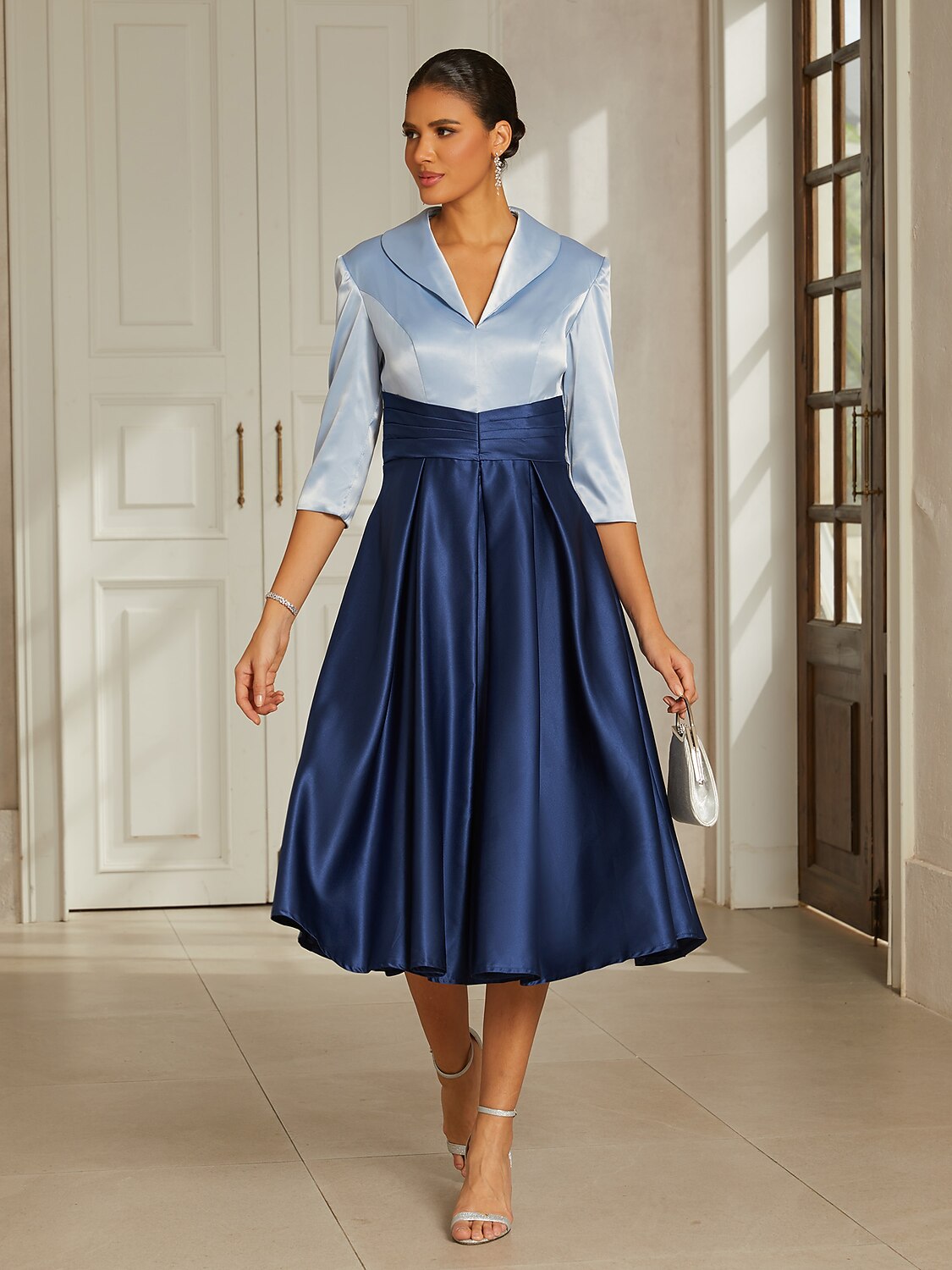 Sea Blue Satin Collared Midi Dress