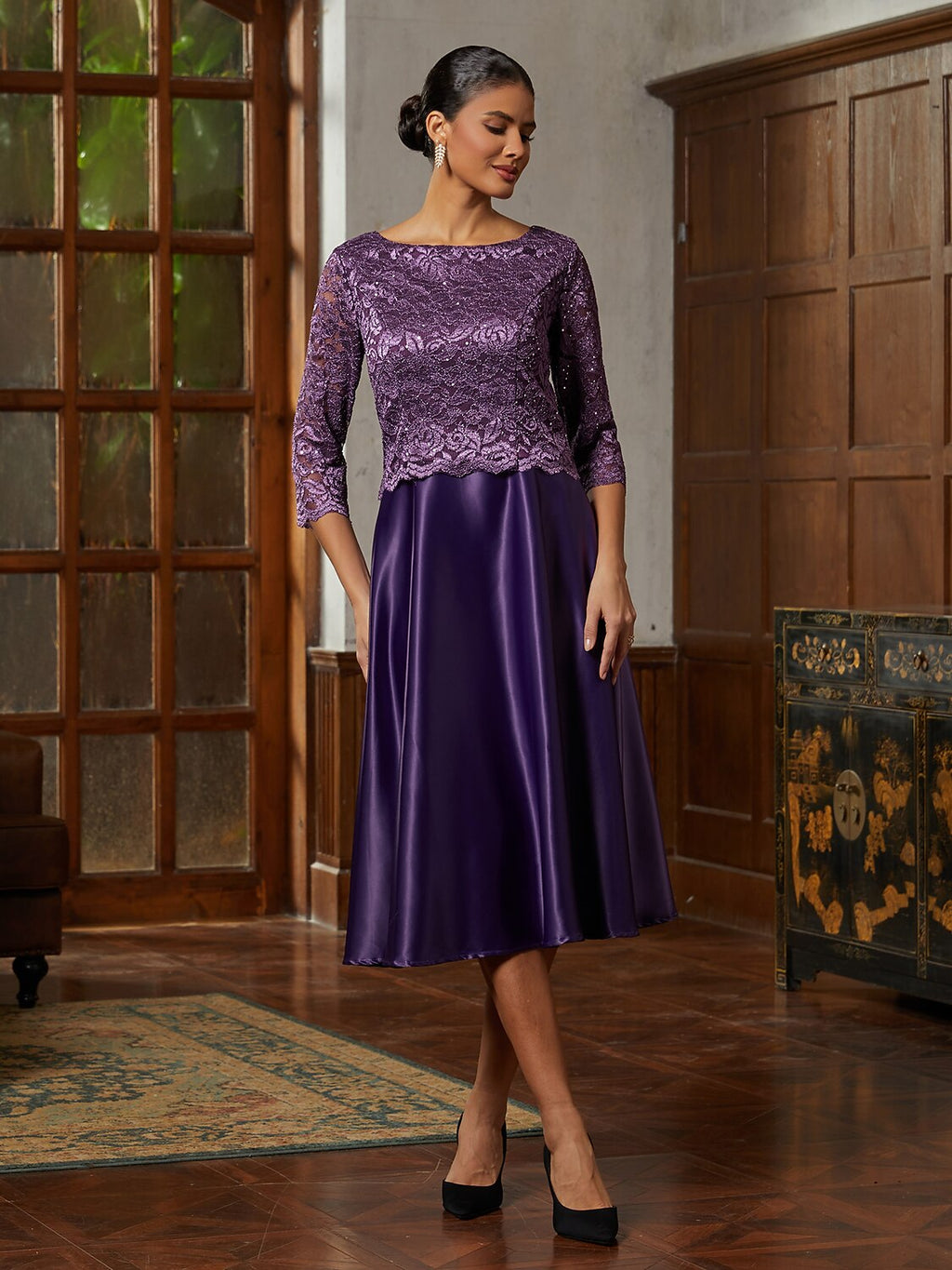 Purple Lace A-Line Midi Dress