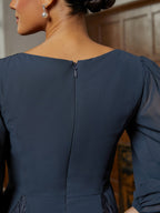 Navy Chiffon Illusion-Sleeve Midi Dress