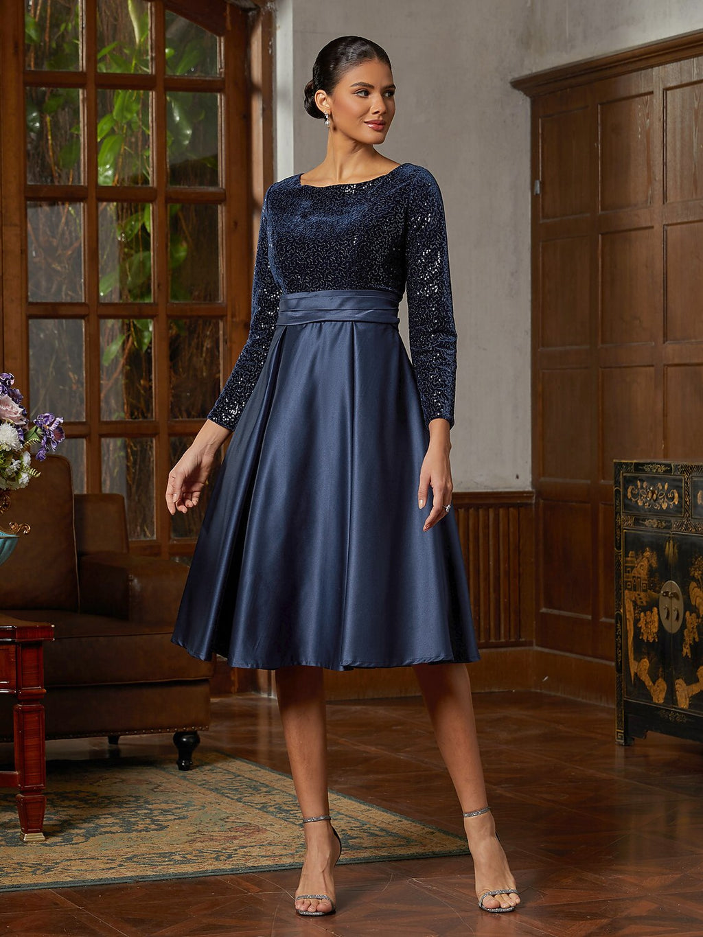 Navy Sequined Velvet Midi Dress