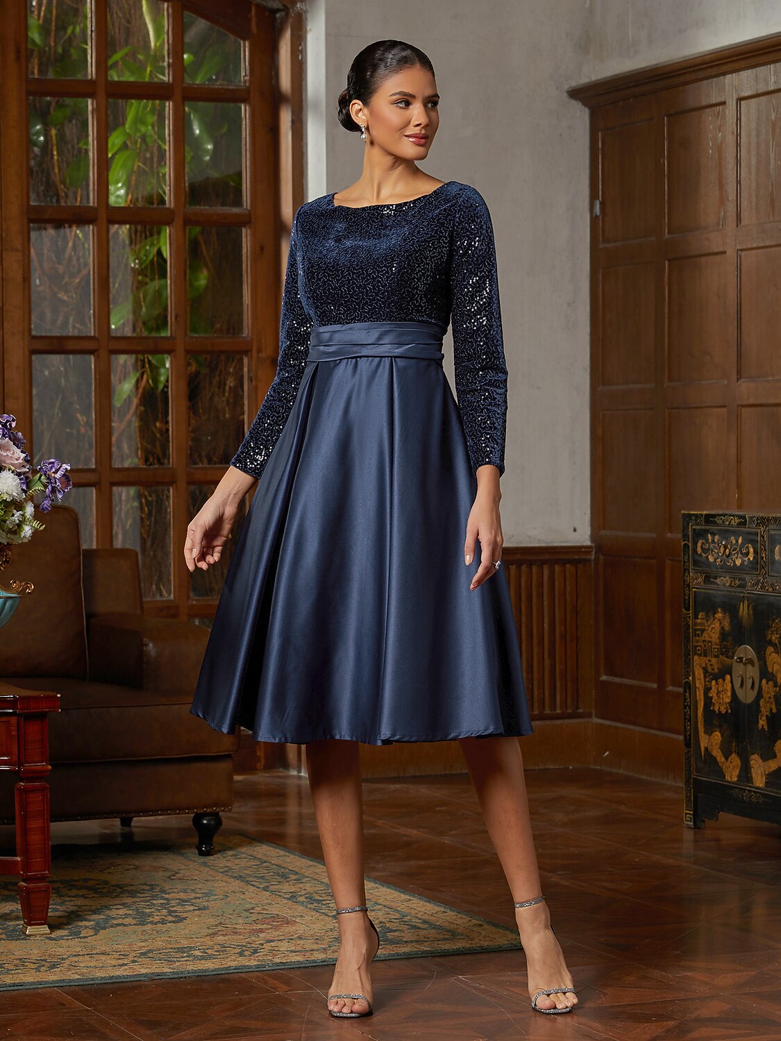 Navy Sequined Velvet Midi Dress