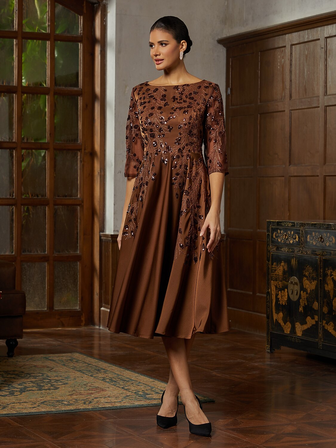 Brown Sequin Satin Midi Dress